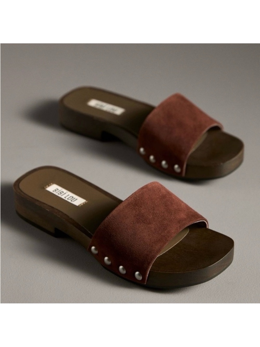 BiBi LOU Anthropologie Brown Suede Wood Bottom Slide Sandals Women's 7 7.5, $149